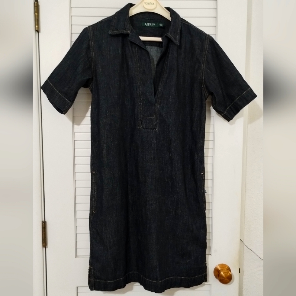 Nwot Ralph Lauren Nightfall Wash Denim, Point Collar Split Neckline Shift Dress.
